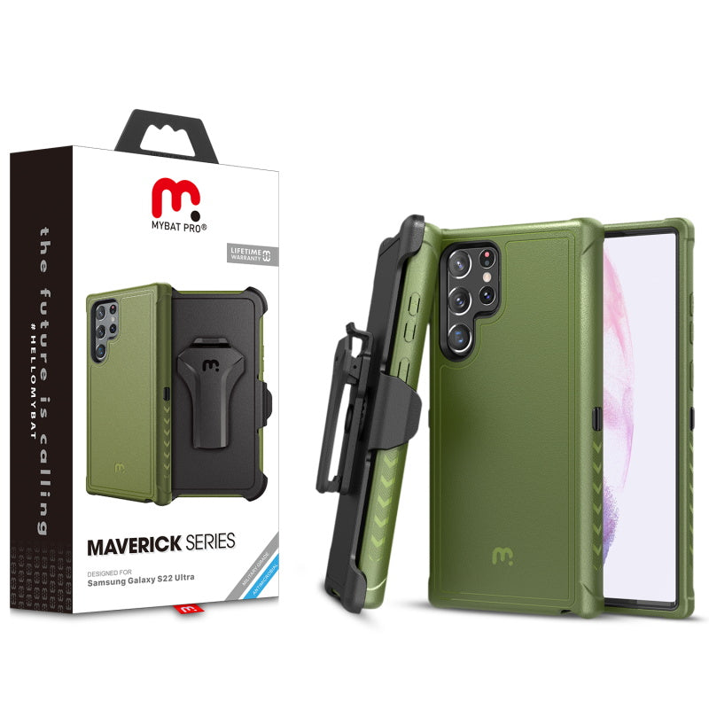 MyBat Pro Antimicrobial Maverick Series Case with Holster for Samsung Galaxy S22 Ultra - Army Green / Black