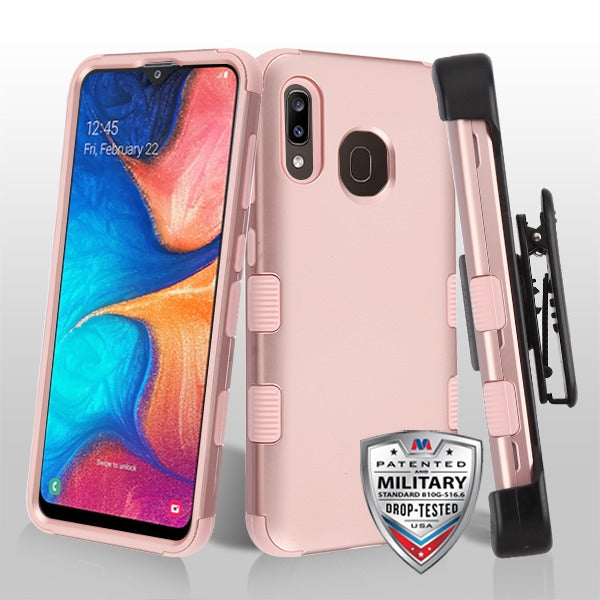 MyBat TUFF Hybrid Protector Case [Military-Grade Certified](with Black Horizontal Holster) for Samsung Galaxy A20 - Rose Gold / Rose Gold