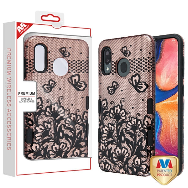 MyBat TUFF Subs Series Case for Samsung Galaxy A20 - Black Lace Flowers (2D Rose Gold) / Black