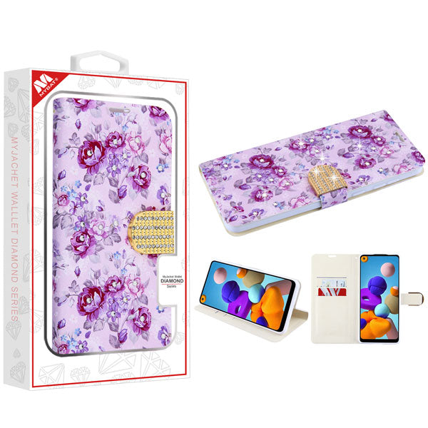 MyBat MyJacket Wallet Diamond Series for Samsung Galaxy A21 - Fresh Purple Flowers