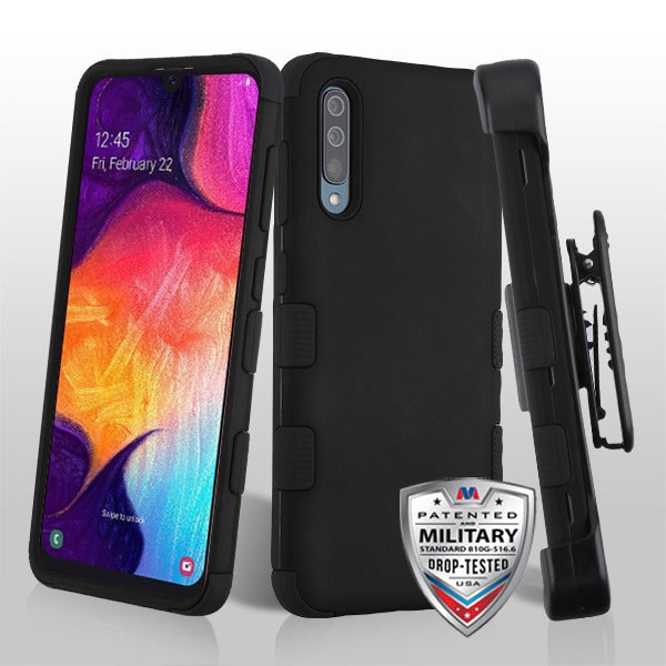 MyBat TUFF Hybrid Protector Case [Military-Grade Certified](with Black Horizontal Holster) for Samsung Galaxy A50 - Rubberized Black / Black