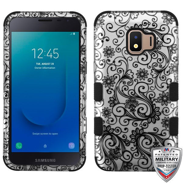 MyBat TUFF Series Case for Samsung J260 (Galaxy J2 Core)/Galaxy J2 Dash / Galaxy J2 Pure - Black Four-Leaf Clover (2D Silver) / Black