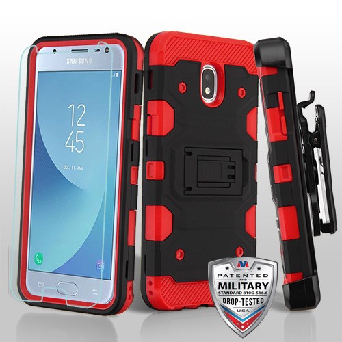 MyBat 3-in-1 Storm Tank Hybrid Protector Cover Combo (with Black Holster)(Tempered Glass Screen Protector)[Military-Grade Certified] for Samsung J337 (Galaxy J3 (2018))/Galaxy J3 V/J3 3rd Gen / Galaxy J3 Star - Black / Red