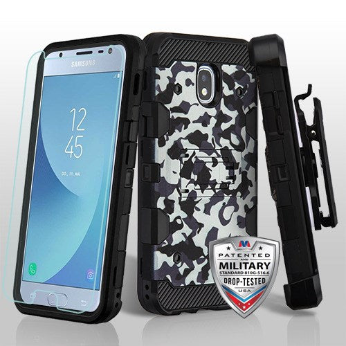 MyBat 3-in-1 Storm Tank Hybrid Protector Cover Combo (with Black Holster)(Tempered Glass Screen Protector)[Military-Grade Certified] for Samsung J337 (Galaxy J3 (2018))/Galaxy J3 V/J3 3rd Gen / Galaxy J3 Star - Urban Camouflage / Black