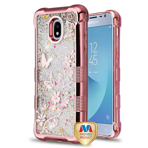 MyBat TUFF Quicksand Glitter Lite Hybrid Protector Cover for Samsung J337 (Galaxy J3 (2018))/Galaxy J3 V/J3 3rd Gen / Galaxy J3 Star - Rose Gold Electroplating / Butterflies in Spring Flowers / Silver Flowing Sparkles