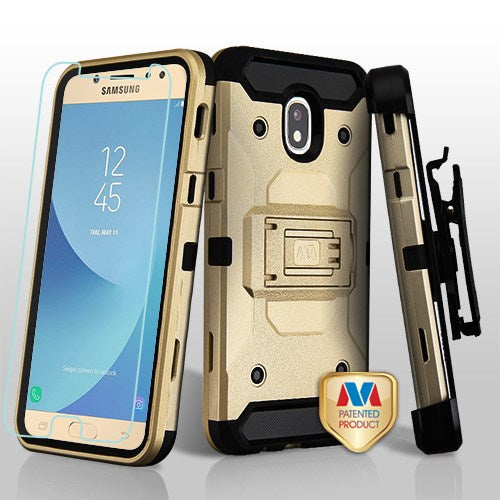 MyBat 3-in-1 Kinetic Hybrid Protector Cover Combo (with Black Holster)(Tempered Glass Screen Protector) for Samsung J737P (Galaxy J7 (2018))/Galaxy J7 Star / Galaxy J7 V 2nd Gen - Gold / Black