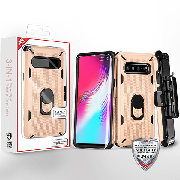 MyBat 3-in-1 Brigade Hybrid Protector Cover Combo (with Black Holster)(with Ring Stand)(with Full-coverage Screen Protector) for Samsung Galaxy S10 5G - Rose Gold / Black