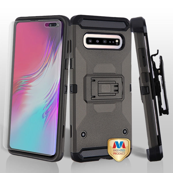 MyBat 3-in-1 Kinetic Hybrid Protector Cover Combo (with Black Holster)(with Full-coverage Screen Protector) for Samsung Galaxy S10 5G - Dark Grey / Black