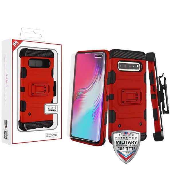 MyBat 3-in-1 Storm Tank Hybrid Protector Cover Combo (with Black Holster)(with Full-coverage Screen Protector)[Military-Grade Certified] for Samsung Galaxy S10 5G - Red / Black