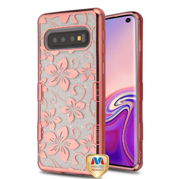 MyBat Full Glitter TUFF Series Case for Samsung Galaxy S10 - Electroplating Rose Gold Hibiscus Flower (Transparent Clear)