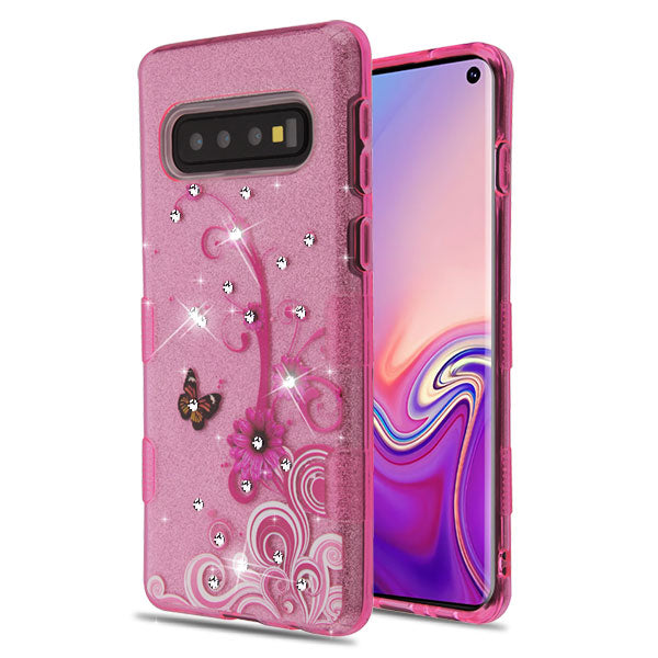 MyBat Full Glitter TUFF Series Case for Samsung Galaxy S10 - Butterfly Flowers (Pink) Diamante