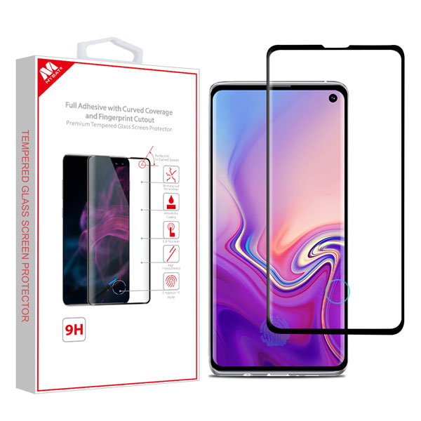 MyBat Full Adhesive with Curved Coverage and Fingerprint Cutout Premium Tempered Glass Screen Protector for Samsung Galaxy S10 - Black