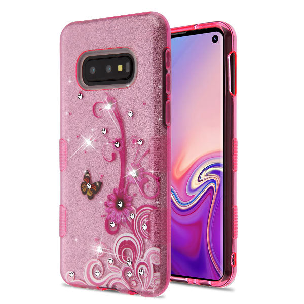 MyBat Full Glitter TUFF Series Case for Samsung Galaxy S10E - Butterfly Flowers (Pink) Diamante