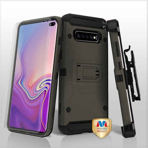 MyBat 3-in-1 Kinetic Hybrid Protector Cover Combo (with Black Holster)(with Full-coverage Screen Protector) for Samsung Galaxy S10 plus - Dark Grey / Black