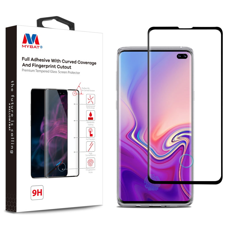 MyBat Full Adhesive with Curved Coverage and Fingerprint Cutout Premium Tempered Glass Screen Protector for Samsung Galaxy S10 plus - Black