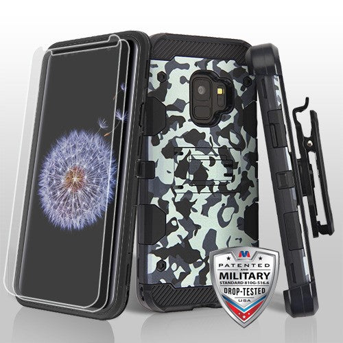 MyBat 3-in-1 Storm Tank Hybrid Protector Cover Combo (with Black Holster)(Twin Screen Protectors)[Military-Grade Certified] for Samsung Galaxy S9 - Urban Camouflage / Black