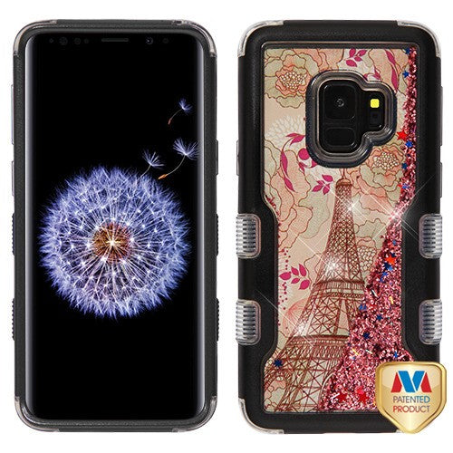 MyBat TUFF Quicksand Glitter Hybrid Protector Cover for Samsung Galaxy S9 - Natural Black / Eiffel Tower & Rose Gold Sparkles Liquid Flowing