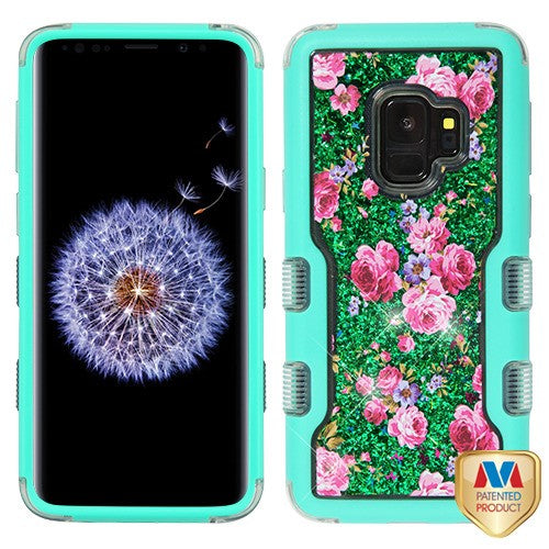 MyBat TUFF Quicksand Glitter Hybrid Protector Cover for Samsung Galaxy S9 - Natural Teal Green / Vintage Rose Bush & Green Sparkles Liquid Flowing