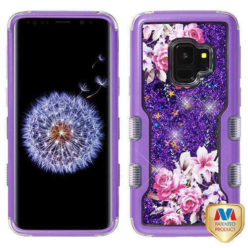 MyBat TUFF Quicksand Glitter Hybrid Protector Cover for Samsung Galaxy S9 - Purple / Romantic Love Flowers & Purple Sparkles Liquid Flowing