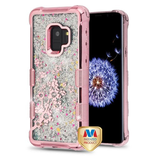 MyBat TUFF Quicksand Glitter Lite Hybrid Protector Cover for Samsung Galaxy S9 - Rose Gold Electroplating / Spring Flowers / Silver Flowing Sparkles