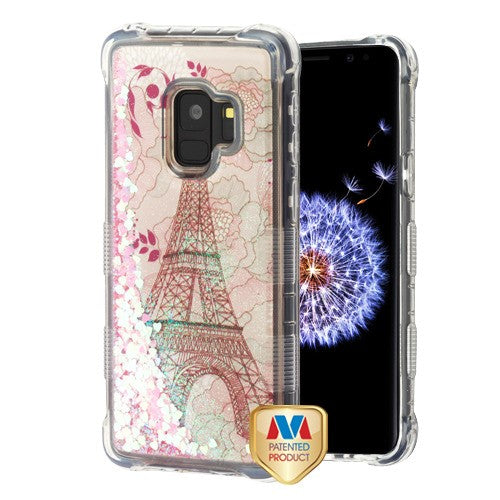 MyBat TUFF Quicksand Glitter Lite Hybrid Protector Cover for Samsung Galaxy S9 - Eiffel Tower / Pink Hearts