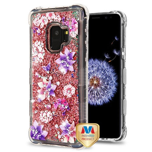 MyBat TUFF Quicksand Glitter Lite Hybrid Protector Cover (with Diamonds) for Samsung Galaxy S9 - Purple Stargazers / Rose Gold Flowing Sparkles
