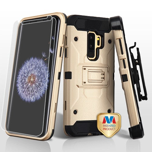 MyBat 3-in-1 Kinetic Hybrid Protector Cover Combo (with Black Holster)(Twin Screen Protectors) for Samsung Galaxy S9 Plus - Gold / Black