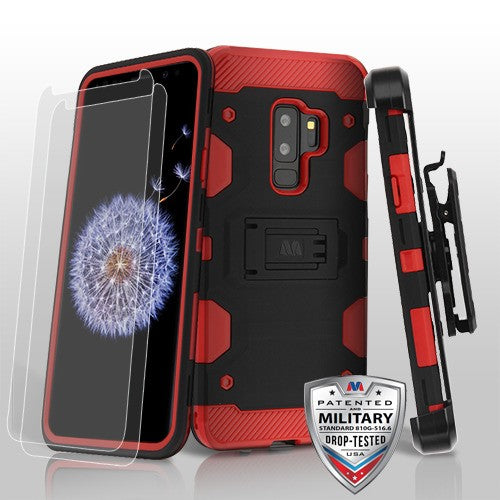 MyBat 3-in-1 Storm Tank Hybrid Protector Cover Combo (with Black Holster)(Twin Screen Protectors)[Military-Grade Certified] for Samsung Galaxy S9 Plus - Black / Red