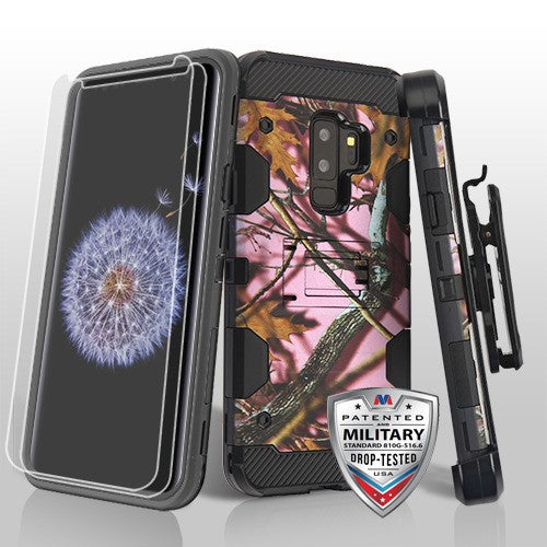 MyBat 3-in-1 Storm Tank Hybrid Protector Cover Combo (with Black Holster)(Twin Screen Protectors)[Military-Grade Certified] for Samsung Galaxy S9 Plus - Pink Oak-Hunting Camouflage Collection / Black