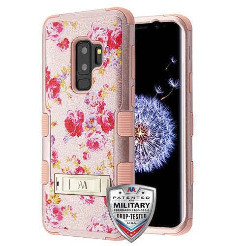 MyBat TUFF Series Case (with Stand) for Samsung Galaxy S9 Plus - Vintage Rose Bush Textured Rose Gold / Rose Gold