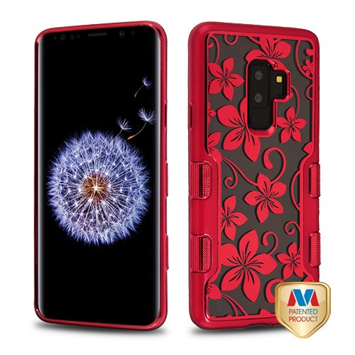 MyBat TUFF Panoview Hybrid Protector Cover for Samsung Galaxy S9 Plus - Metallic Red / Electroplating Red Hibiscus Flower (Transparent Clear)