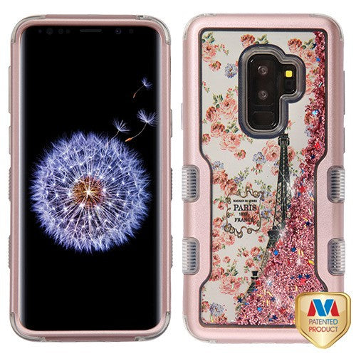 MyBat TUFF Quicksand Glitter Hybrid Protector Cover for Samsung Galaxy S9 Plus - Rose Gold / Paris in Full Bloom & Rose Gold Sparkles Liquid Flowing
