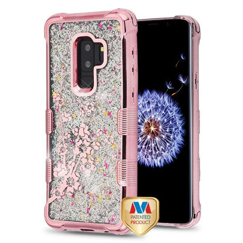 MyBat TUFF Quicksand Glitter Lite Hybrid Protector Cover for Samsung Galaxy S9 Plus - Rose Gold Electroplating / Spring Flowers / Silver Flowing Sparkles