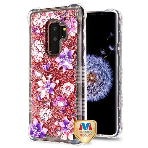 MyBat TUFF Quicksand Glitter Lite Hybrid Protector Cover (with Diamonds) for Samsung Galaxy S9 Plus - Purple Stargazers / Rose Gold Flowing Sparkles