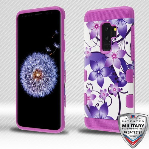 MyBat TUFF Trooper Hybrid Protector Cover [Military-Grade Certified] for Samsung Galaxy S9 Plus - Purple Hibiscus Flower Romance / Electric Purple