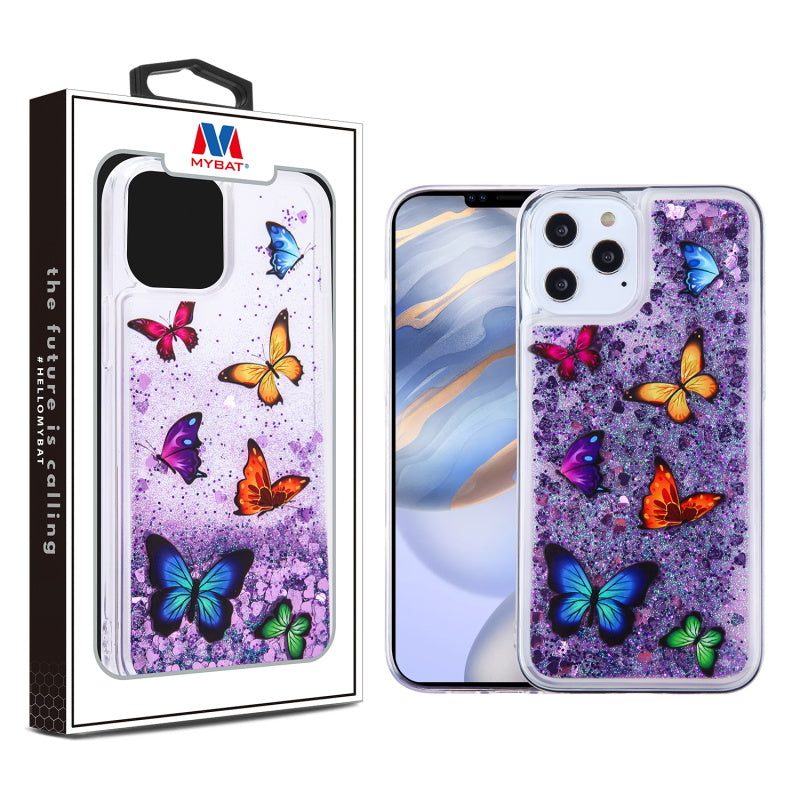 MyBat Glitter Hybrid Protector Case for Apple iPhone 12 (6.1) / 12 Pro (6.1) - Butterfly Dancing & Purple Quicksand (Hearts)