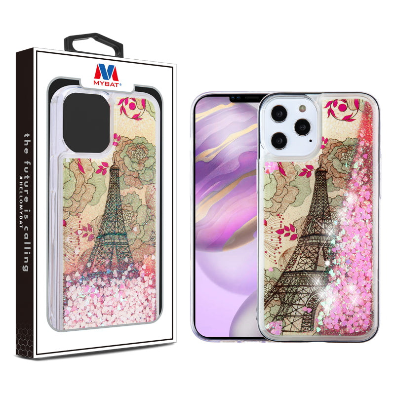 MyBat Quicksand Glitter Hybrid Protector Case for Apple iPhone 12 Pro Max (6.7) - Eiffel Tower & Pink Hearts