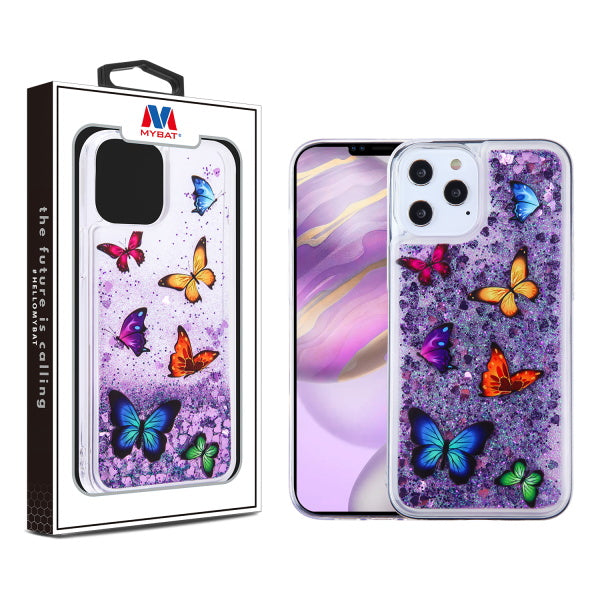 MyBat Glitter Hybrid Protector Case for Apple iPhone 12 Pro Max (6.7) - Butterfly Dancing & Purple Quicksand (Hearts)