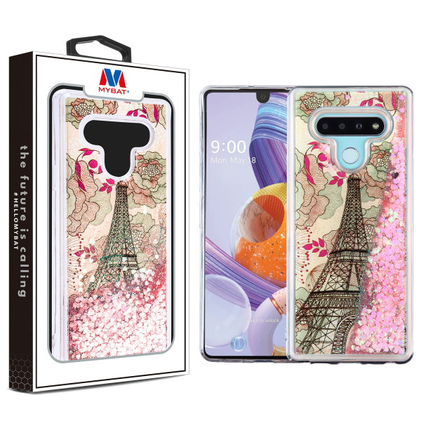 MyBat Quicksand Glitter Hybrid Protector Cover for LG Stylo 6 - Eiffel Tower & Pink Hearts