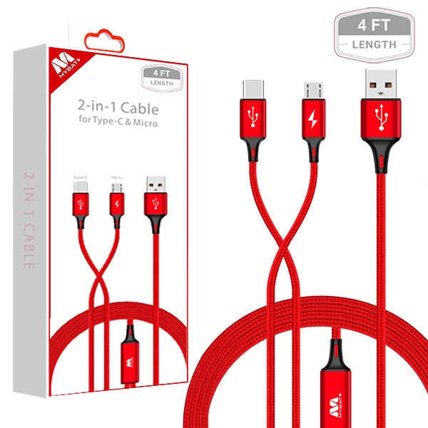 MyBat Type-C, Micro USB 2-in-1 Data Cable 4 FT - Red