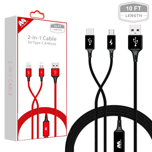 MyBat Type-C, Micro USB 2-in-1 Data Cable 10 FT - Black