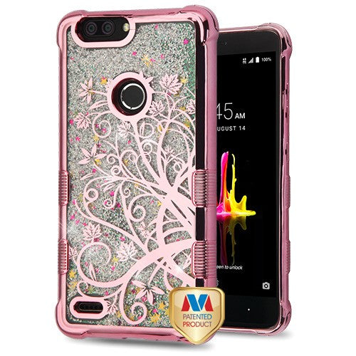 MyBat TUFF Quicksand Glitter Lite Hybrid Protector Cover for Zte Sequoia / Z982 (Blade Z Max) - Rose Gold Electroplating / Maple Vine / Silver Flowing Sparkles