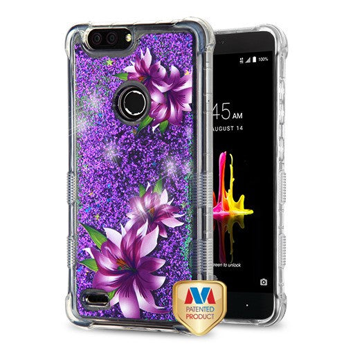 MyBat TUFF Quicksand Glitter Lite Hybrid Protector Cover for Zte Sequoia / Z982 (Blade Z Max) - Purple Lilies / Purple Flowing Sparkles