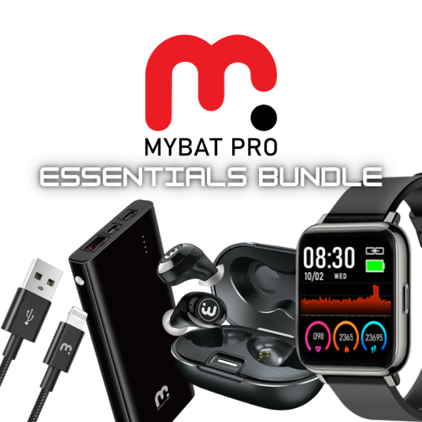 MyBat Pro Essentials Bundle w/ Cables, Power Banks, Tempo Bluetooth Earbuds & Activate Smart Watch